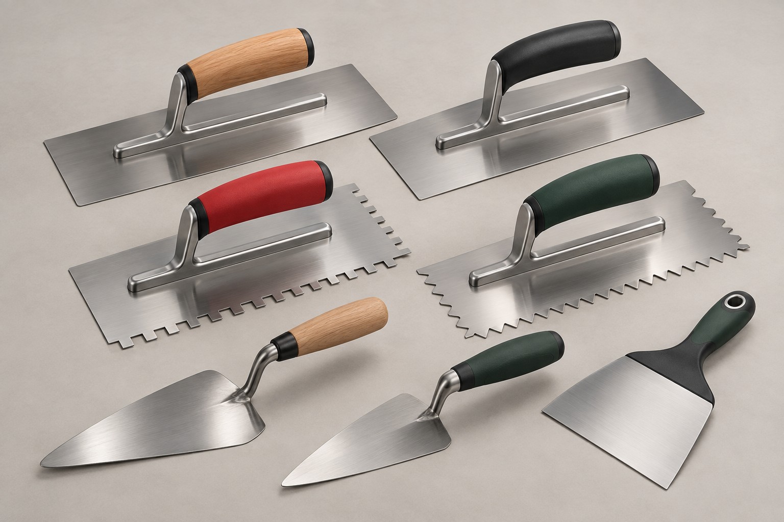 Illustrated design range of finishing trowels, notched trowels and scrapers